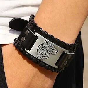 LEATHER WOLF HEAD VIKING STAINLESS STEEL BRACELET